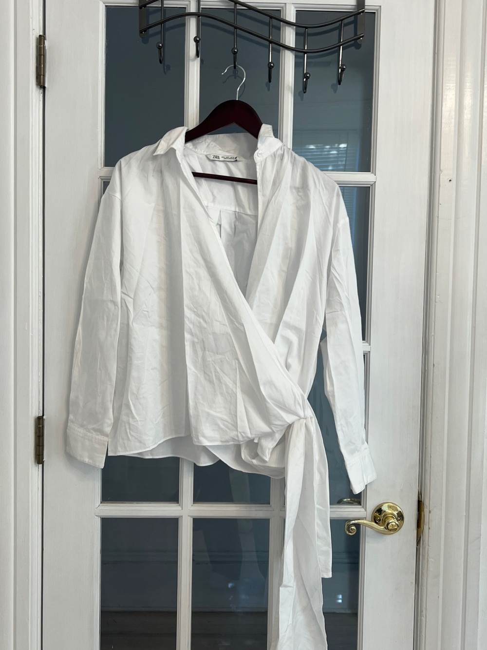 ZARA Women's White Collared Long Sleeve Wrap Front Side Tie Top Size S